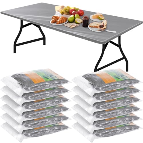 Image of Boao 12 Plastic Elastic Fitted Tablecloths, 8 Ft, 96 x 30 Inch, Gray