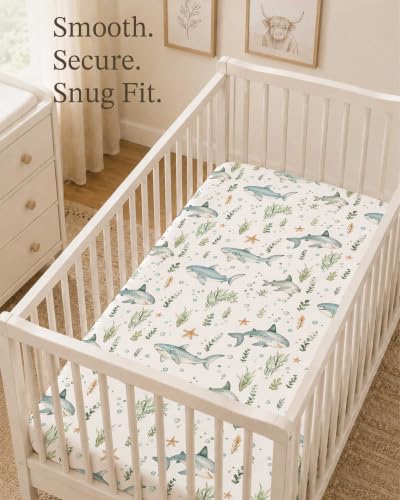 Image of Crib Sheets for Boys and Girls, 2 Pack Fitted Baby Sheets for Standard Toddler Mattress 28 inch x 52 inch, Soft Breathable Jersey Knit Baby Bedding (Turtle & Shark)