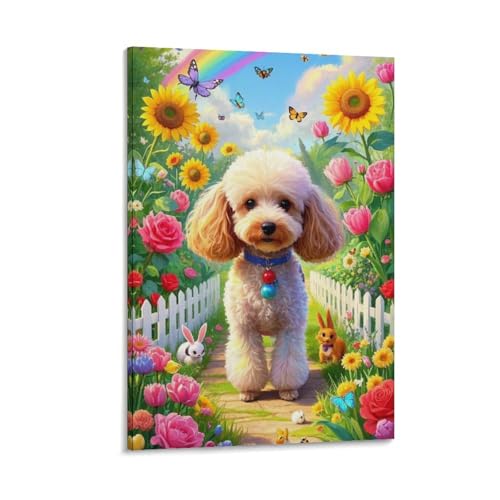 Toile Poodle lit de fleurs pour égayer un mur vide de salle de bain sombre