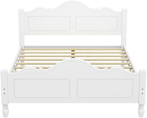Miniatura 7 de Marco de cama de madera maciza de estilo retro con cabecero y patas en forma de calabaza, no necesita somier, color blanco