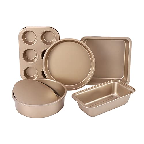 Merralta 5-Piece Toaster Oven Baking Pan Set – Compact Nonstick Bakeware for RV, Camper & Small Kitchens – Muffin, Loaf, Pizza, Cake & Square Pans Gold (Gold)