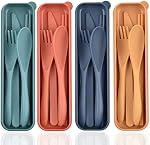 Sinen 4 Sets Cutlery Set, Reusable Spoon Knife Fork Chopsticks Lunch Box | Spoon Knife Fork Chopsticks Lunch Box, Wheat Straw, Easy To Carry, Dishwasher Safe, Office School Camping Travel Daily Use
