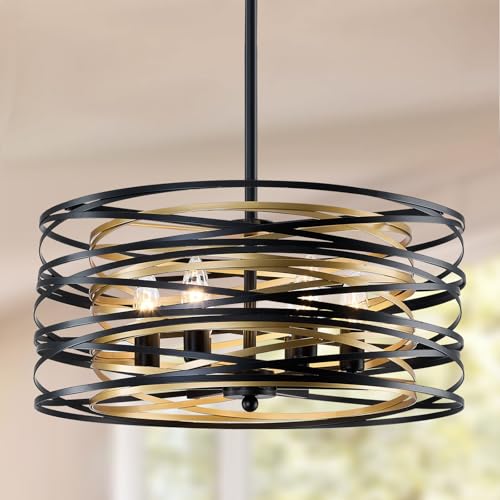 Image of 6- Light Chandeliers Industrial Metal Hanging Light Fixture 19 Inch Farmhouse Chandeliers for Dining Room Black and Gold Pendant Light for Entryway Kitchen Foyer Bedroom