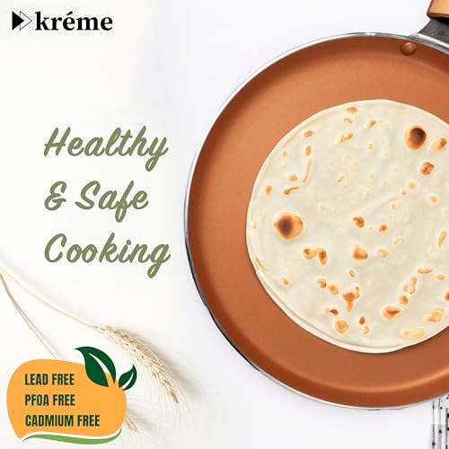 Image of Kreme Sonet Non Stick Dosa Tawa 28cm for Gas Stove & Induction Bottom | Flat Tawa | Roti & Chapati Tawa | Paratha Pan | Uttapam & Pancake Maker | Crepe Pan | Bronze
