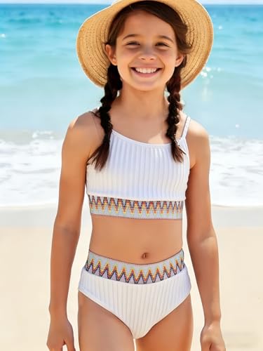 Image of Girls Swimsuit Two Piece Teen Bathing Suit High Waist Textured Bikini Set Woven Girls Swimwear 9-16Y