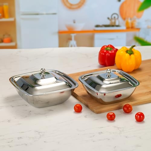 Image of Sumeet Stainless Steel Square Serving Bowl /Curry Bowl /Gravy Pot with lid, 600ml & 900ml capacity, 14.5cm & 17cm Dia, Set of 2 Pcs, Silver