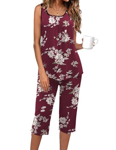 Image of Ekouaer Capri Pajama Sets for Women 2 Piece Soft Cute Pjs Round Neck Sleeveless Lounge Set for Summer Sleepwear S-XXXL