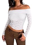 REORIA Women Off Shoulder Lace Crop Tops Floral Long Sleeve Slim Fit Stretchy Ruched Y2K Going Out Tops for 2024 Trendy(White Medium)
