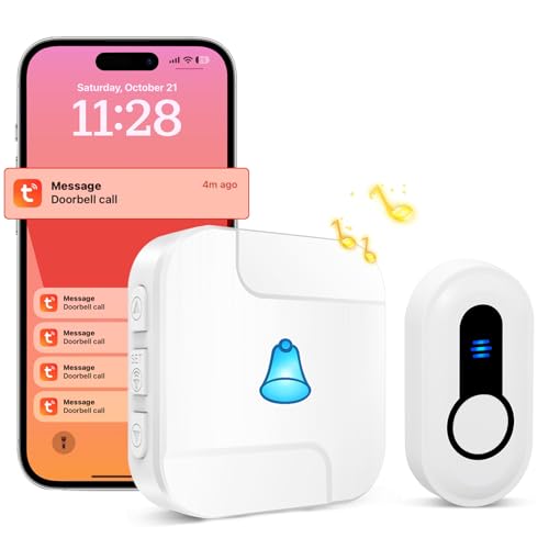 HUWOO Smart Wireless Doorbell for Home, Tuya APP Phone Notification Doorbell Chime for Classroom, 2.4GHz Wi-Fi Door Bell Ringer Wireless with Smart Life, 1 Push Button1 Receiver