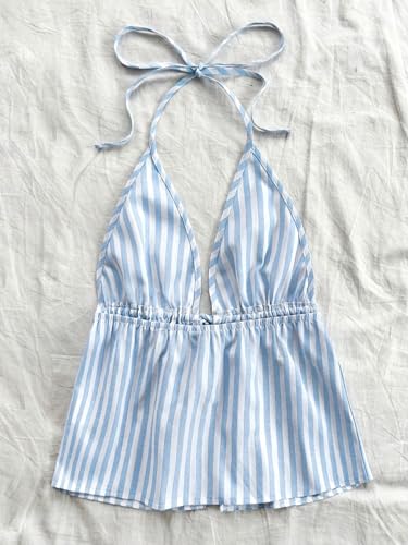 Image of Floerns Women's Striped Sleeveless Halter Tops Cute Tie Front Split Hem Camisole