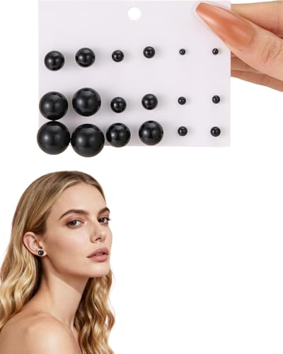 FUGLUS 9 Pares Pendientes de Perlas de Plata Cuentas de Perlas Pendiente de Gota para Las Mujeres Blanco Perlas de Agua Dulce Joyería del oído(Negro)