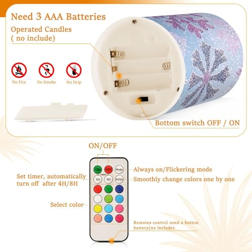 Image of Christmas Lights Flameless Candles Snowflake Light Blue Purple B Pillar Candles Set of 2 Battery Operated Remote Control Warm Lights Home Decor