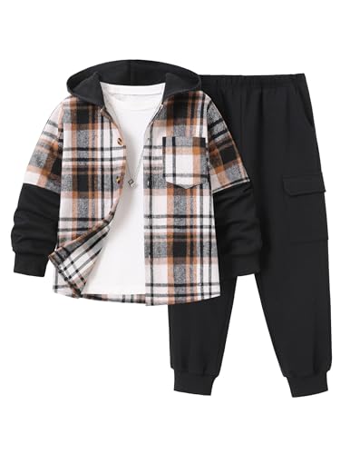 Image of 2Pcs Boys Clothes Sweatsuit Set Hoodie Flannel Plaid Shirt and Jogger Pants for Kids Fall Winter Spring Outfits