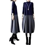 [YUANYUAN] ドンキングワンピース レディース キャザーワンピース 冬ドレス 膝下丈 春服 秋服 冬服 長袖 カラーマッチング カジュアル ゆったり おしゃれ 大人 可愛い 暖かい キレイめ エレガント 切り替え 二次会 日常着 春秋冬 (ネイビー,L)