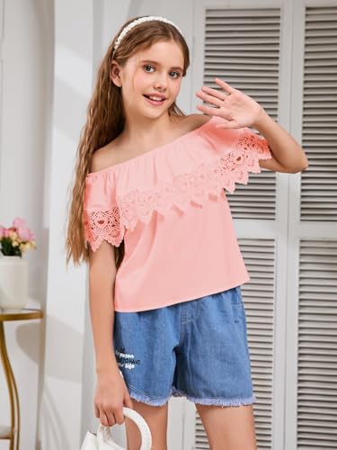 Image of WDIRARA Girl's Folklorico Shirt Off Shoulder Ruffle Trim Lace Blouse Tops | Short Sleeve, Mexican Blouse, Dressy Peasant Tee, Casual