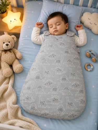 Image of TuddyBuddy Baby Cotton Wearable Quilted Sleeping Bag Blanket 1.5 Tog with 1 Way Zipper Closure | Ideal for Babies & Kids Hypoallergenic Fabrics | (Dino AOP - Grey, 18-24 Months)