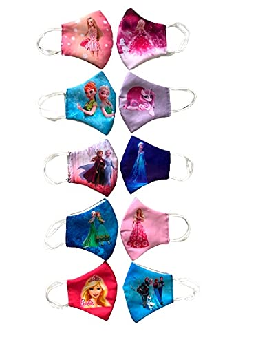 Avdip Barbie Mask (Pack of 10) Pink,Frozen, Barbie Printed Fashionable Protective Cotton Mask for Kids, Anti-virus and Anti-bacterial Fabric Designer Printed Face Mask For Kids,