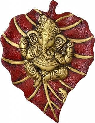 Craft Trade Ganesh on Leaf Metal Wall Hanging Decorative Religious Showpieces for Home Décor, Living Room, Pooja Room, Temple and House Warming Gift - Red