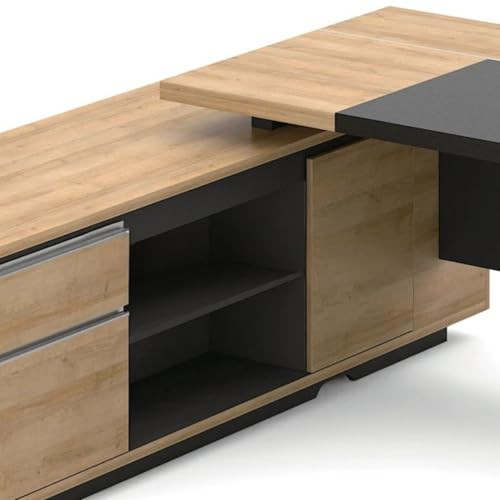 Image of Director & Executive L-Shape Table for Office & Writing Desk Made in Particle Board Multi-Functional Wire with Charcoal Black Panel 5-Year Warranty & Free Assembly (LDL-575)