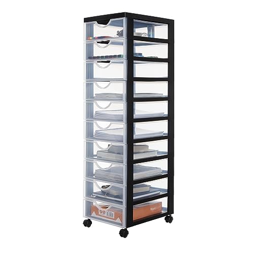 Iris Ohyama Unidad de almacenamiento de plástico con ruedas y 10 cajones superficiales, Negro, asas de fácil extracción, multiusos, A4, A5, para oficina, hogar, escuela, Torre, Organizador, DDDC-010