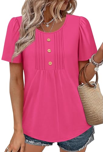 Image of Womens Tops Dressy Casual Blouses Short Sleeve Shirts Plus Size Fashion Clothing Spring Summer Outfits Button Pleated Front