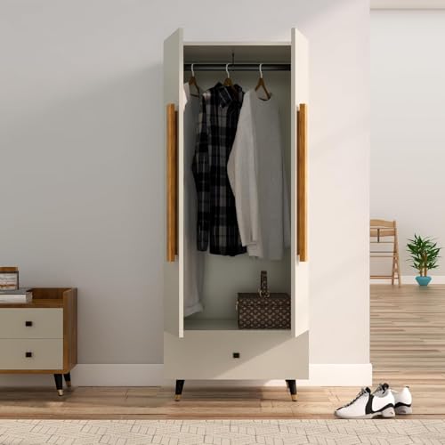 Image of Bniture Wooden Almirah for Clothes, Door for Bedroom, 2 Door Wardrobe with Drawer & Hanging Space (45D x 60W x 150H CM) | 3 Year Warranty (Frosty White)