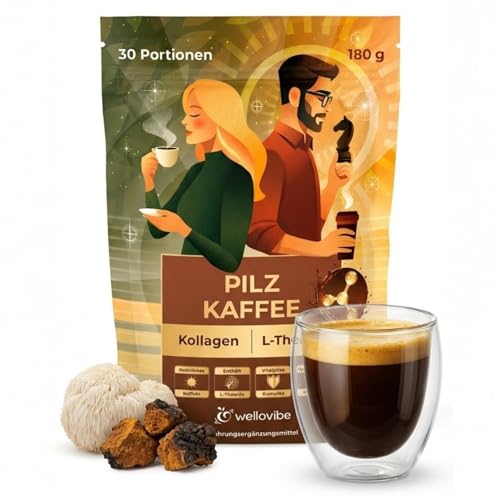 Mushroom Coffee mit Kollagen & L-Theanin - Adaptogener Pilzkaffee mit Löwenmähne Cordyceps Chaga & Reishi Pilzpulver für Fokus Energie & Konzentration 180 g