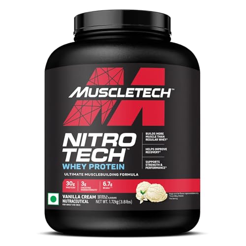 Image of MuscleTech Nitro-Tech Whey Protein, 1.72kg (3.8lbs), Vanilla Cream, 30g Protein, 3g creatine monohydrate, 6.7g BCAA, ultimate muscle building formula, increase strength & performance