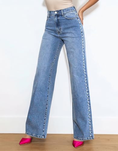 Kedera Women's High Waisted Jeans Stretchy Pearl Beaded Jeans Wide Leg Casual Denim Trousers Y2K Trendy Baggy Pants4