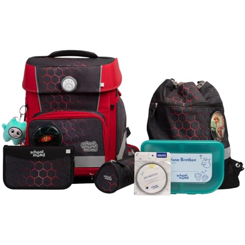 SCHOOL-MOOD Champion Maxx Pro Schulranzenset 7-teilig 22L Stauraum, ergonomisches Grow with You System für 1 m bis 1,50 m Körpergröße, wasserdichter Stoff mit Reflektoren (Mika Drache)