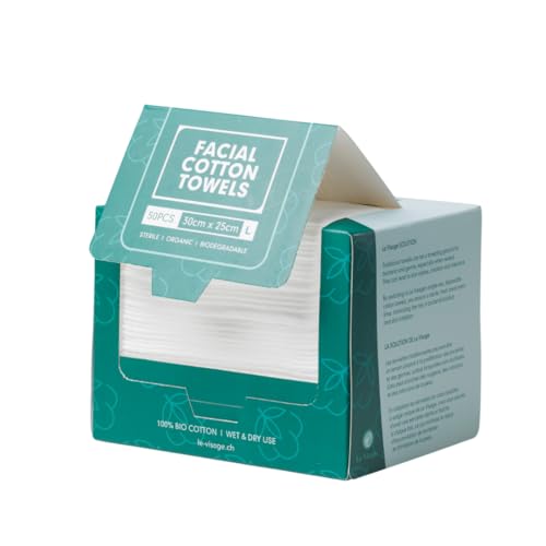 Le Visage 100% Cotton Facial Towels, Oeko-TEX Certified, 50 Pieces, Sterile and Biodegradable, Anti-Acne, Disposable Make-Up Remover Wipes, Ultra Soft, Organic