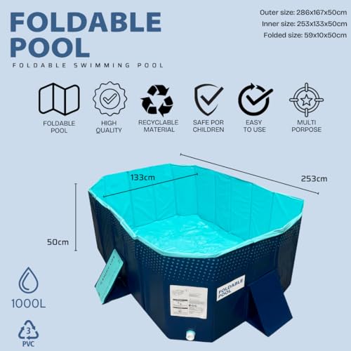 INDUSTEX Planschbecken Foldable Pool, Kinderpool, tragbarer Hundepool, Abnehmbarer Pool, Badewanne, Poolspielzeug, geeignet für Kinder, mittelgroße Haustiere (253 x 133 x 50 cm)