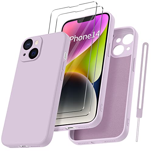 Qasyfanc Cover per iPhone 14, Protezione Fotocamera und 2 Pellicola Vetro Temperato, Fodera in Microfibra Antiurto Ultra Custodia Silicone Morbida Liquido Ultra Sottile 6.1''-Viola
