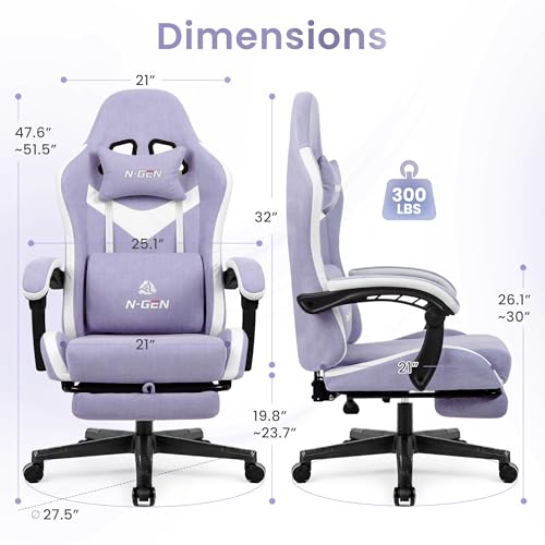 N-GEN GAMING Video Gaming Chair with Footrest Lumbar Support for Home Office High Back Recliner Height Adjustable Ergonomic Comfy Fabric Computer Desk Chair (Purple) - Image 4