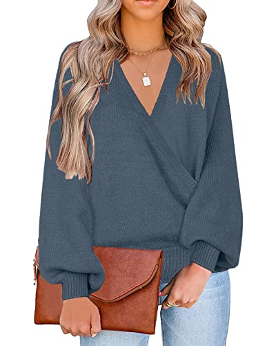 Image of LookbookStore Women's Knit Long Sleeve Faux Wrap Surplice V Neck Sweater Top