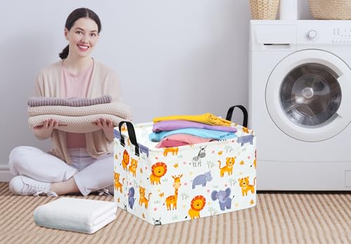 Image of Baby Storage Basket Nursery Box Laundry Hamper Organization Bins for Toys and Clothes with Handles (Animals)