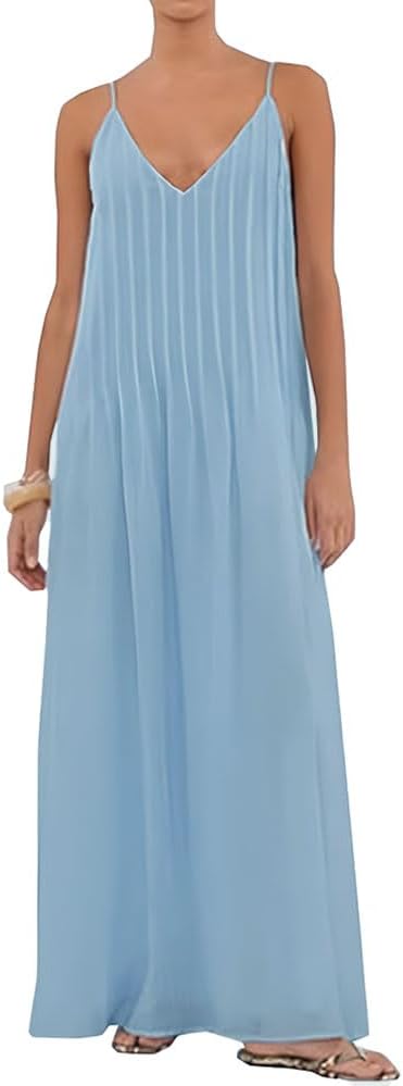 ABINGOO Women Summer Spaghetti Strap Maxi Dresses Sleeveless V Neck Pleated Backless Flowy Loose Beach Vacation Long Sundress