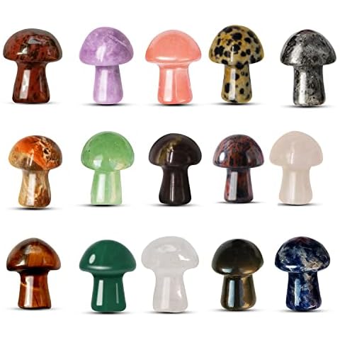 15 Pcs Crystal Mushrooms Sculpture Healing Crystal Carved Decor, Energy Balancing Rose Quartz Tiger Eye Obsidian Decoration for Garden, Lawn, Flowerpot, Fishbowl Cover