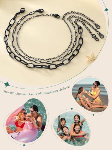 Image of FaithHeart Waterproof Ankle Bracelets for Women, 1 /2 /3Pcs Non Tarnish Stainless Steel Layered Anklet Set Paperclip Figaro Cuban Link Chain Dainty Summer Beach Jewelry Gift Adjustable Size
