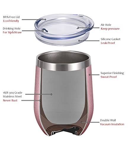 Sunwill Insulated Wine Tumbler With Lid Rose Gold, Double Wall Stainless Steel Stemless Insulated Wine Glass 12Oz, Durable Insulated Coffee Mug, For Champaign, Cocktail, Beer, Office #TOP1