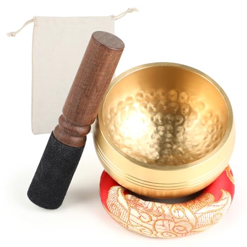 Bol Tibétain - Bol Chantant - Bol Tibétain Original, Handgefertigt en Laiton, 8 cm, avec Maillet, Support et Sac, pour Pleine Conscience, Méditation, Réduction du Stress, Guérison et Yoga