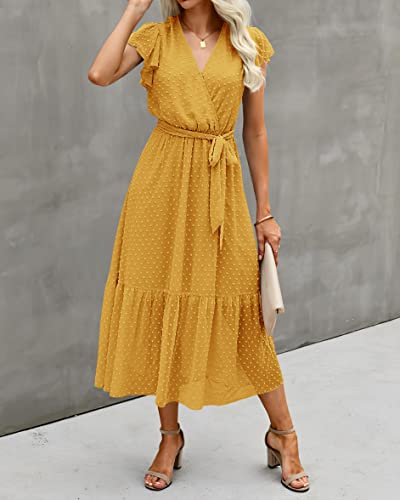 Image of BTFBM Women Summer Casual Wrap V Neck Ruffle Cap Sleeve Belted Midi Dress