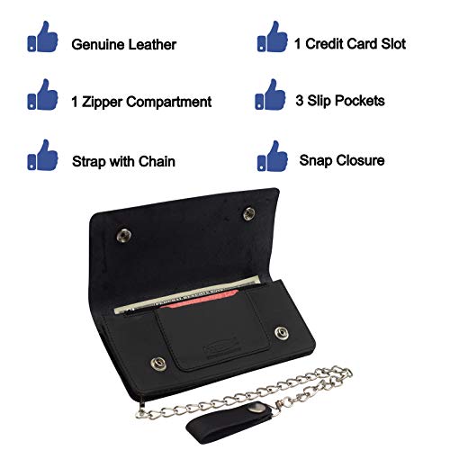 MARSHAL Men's Genuine Leather Long Chain Biker Wallet Black Billfold Trucker2