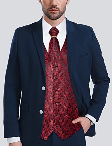 DiBanGu Men's Suit Vest Formal Men Paisley Vest Jacquard Tie Waistcoat Hanky Set With Tie Ring Wedding Party 5PCS2