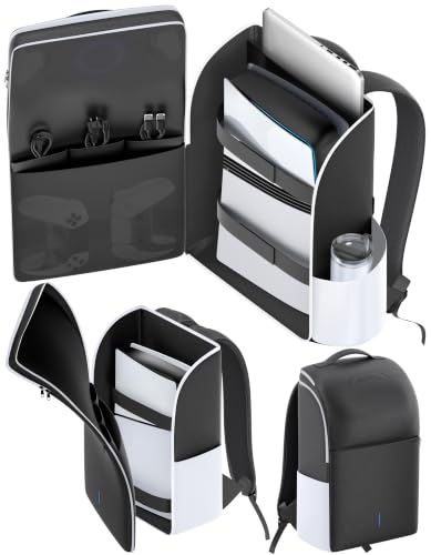 Backpack for P5/ Slim/ Pro Console, Fully Zip-Open P5 Carrying Case Travel Bag, Large Capacity P 5 Storage Bag for Dual Controllers,P S Portal, Laptop, Game Cards, with 3 Cable Pouch, Black &amp; White