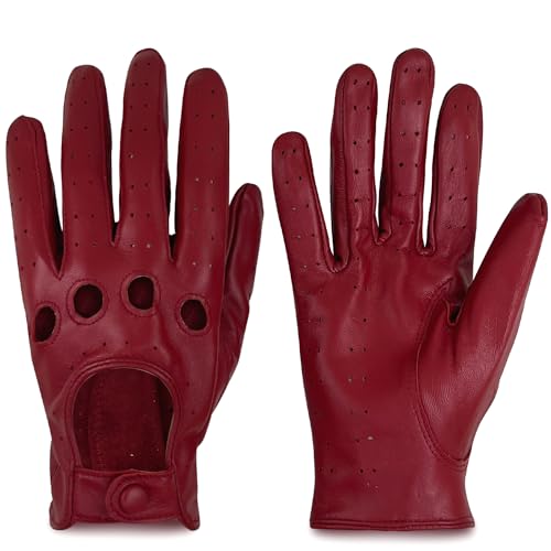 ZLUXURQ Womens Vintage TouchScreen Red Leather Driving Gloves Unlined -Soft And Thin Italian Lambskin