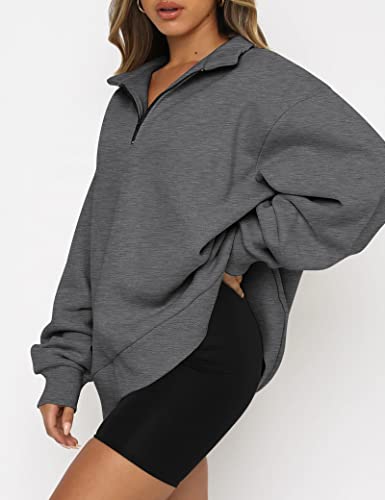 Trendy Queen Womens Oversized Half Zip Pullover Long Sleeve Sweatshirts Quarter Zip Hoodie Sweaters Teen Girls Fall Y2K Clothes Darkgrey #TOP1
