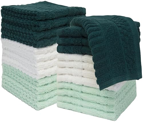 Image of PH Pleasant Home Diamond Wash Cloths Set - 12 Pack (12 inch x 12 inch) - 509 GSM - 100% Ring Spun Cotton Wash Cloth - Super Soft and Highly Absorbent Face Towels (Green, White & Mint)