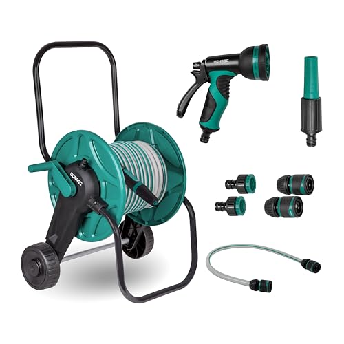 VONROC Chariot Enrouleur Tuyau Arrosage - Raccord Tuyau et Robinet Inclus - Tuyau d'Arrosage 20 M, 3 Buses - Idéal pour Arroser Pelouse, Entretien Voiture ou...