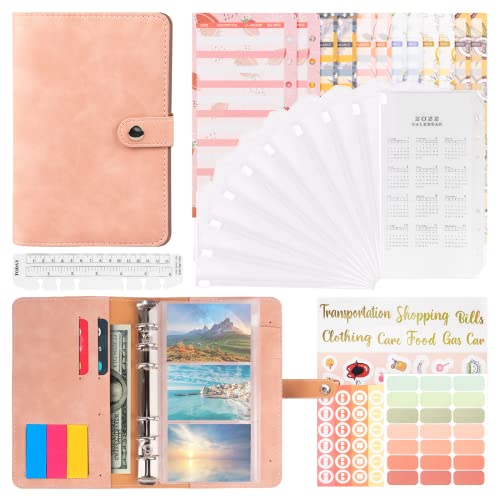 A6 -Lederbinder,12 Stück Budget-Blätter ,10 Stück PVC Binder Taschen Transparenten mit Reißverschluss, Budget Planner, Inklusive Lineal, Kalender, Etiketten, Briefaufkleber Cover